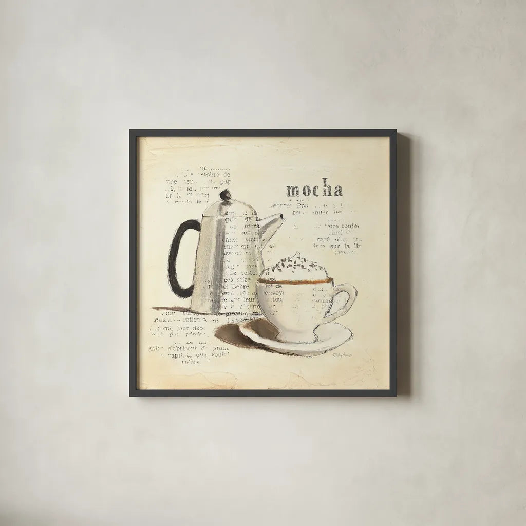 Parisian Coffee I by Emily Adams. Shown in a sleek black glass frame for a contemporary gallery look. Available as an archival giclee rolled canvas, fine art paper, or poster print. SKU 11255a.