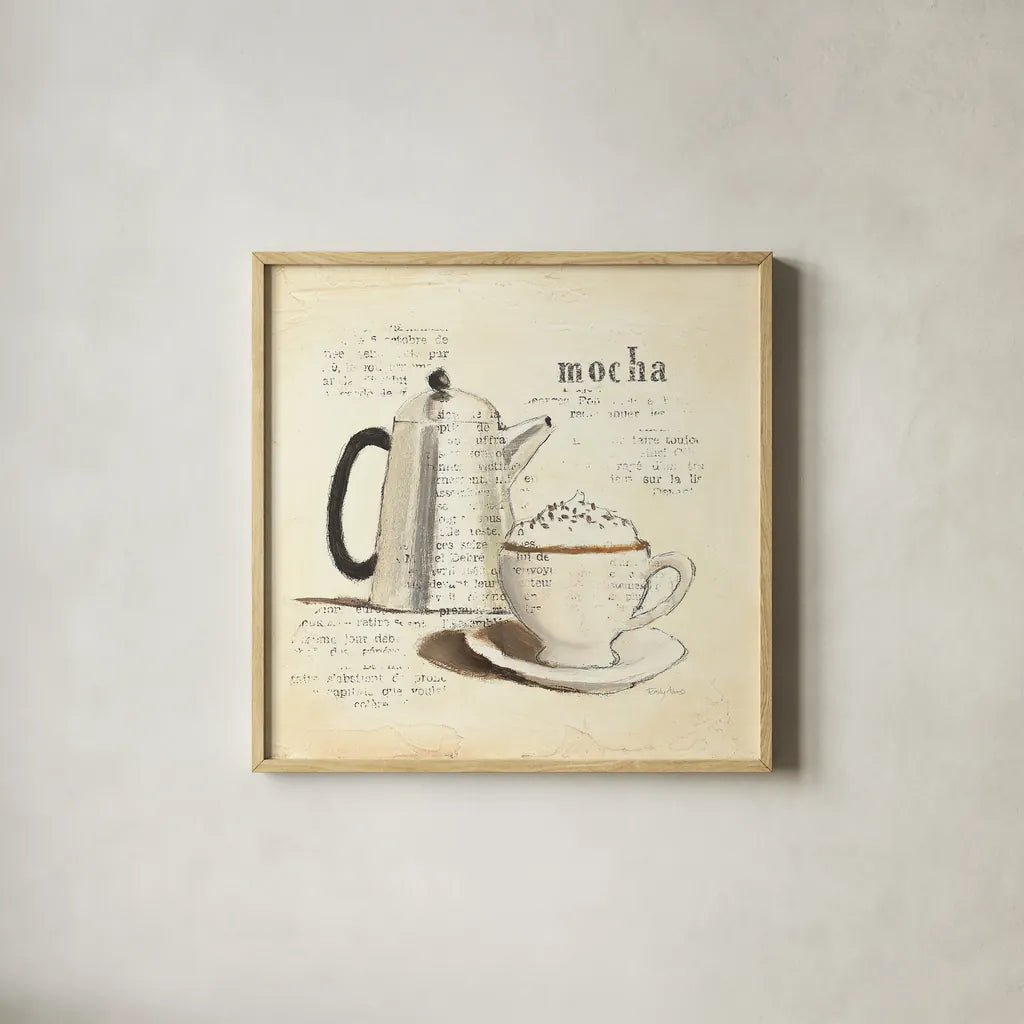 Parisian Coffee I by Emily Adams. Shown in a natural wood glass frame for a timeless modern aesthetic. Available as an archival giclee rolled canvas, fine art paper, or poster print. SKU 11255a.