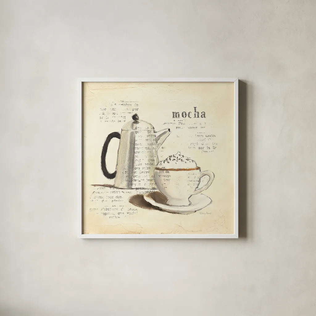 Parisian Coffee I by Emily Adams. Shown in a crisp white glass frame for a clean and minimalist style. Available as an archival giclee rolled canvas, fine art paper, or poster print. SKU 11255a.
