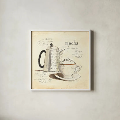 Parisian Coffee I by Emily Adams. Shown in a crisp white glass frame for a clean and minimalist style. Available as an archival giclee rolled canvas, fine art paper, or poster print. SKU 11255a.