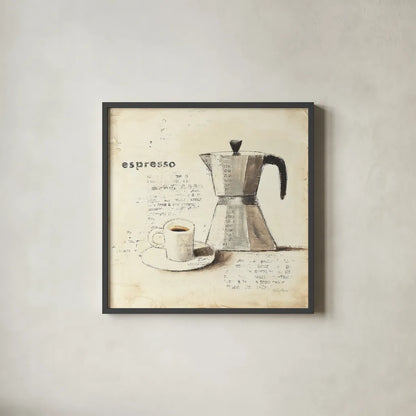 Parisian Coffee II by Emily Adams. Shown in a sleek black glass frame for a contemporary gallery look. Available as an archival giclee rolled canvas, fine art paper, or poster print. SKU 11256a.