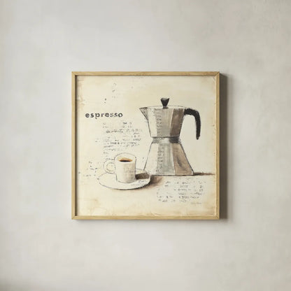 Parisian Coffee II by Emily Adams. Shown in a natural wood glass frame for a timeless modern aesthetic. Available as an archival giclee rolled canvas, fine art paper, or poster print. SKU 11256a.