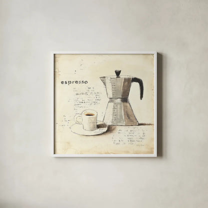 Parisian Coffee II by Emily Adams. Shown in a crisp white glass frame for a clean and minimalist style. Available as an archival giclee rolled canvas, fine art paper, or poster print. SKU 11256a.
