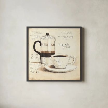 Parisian Coffee III by Emily Adams. Shown in a sleek black glass frame for a contemporary gallery look. Available as an archival giclee rolled canvas, fine art paper, or poster print. SKU 11257a.