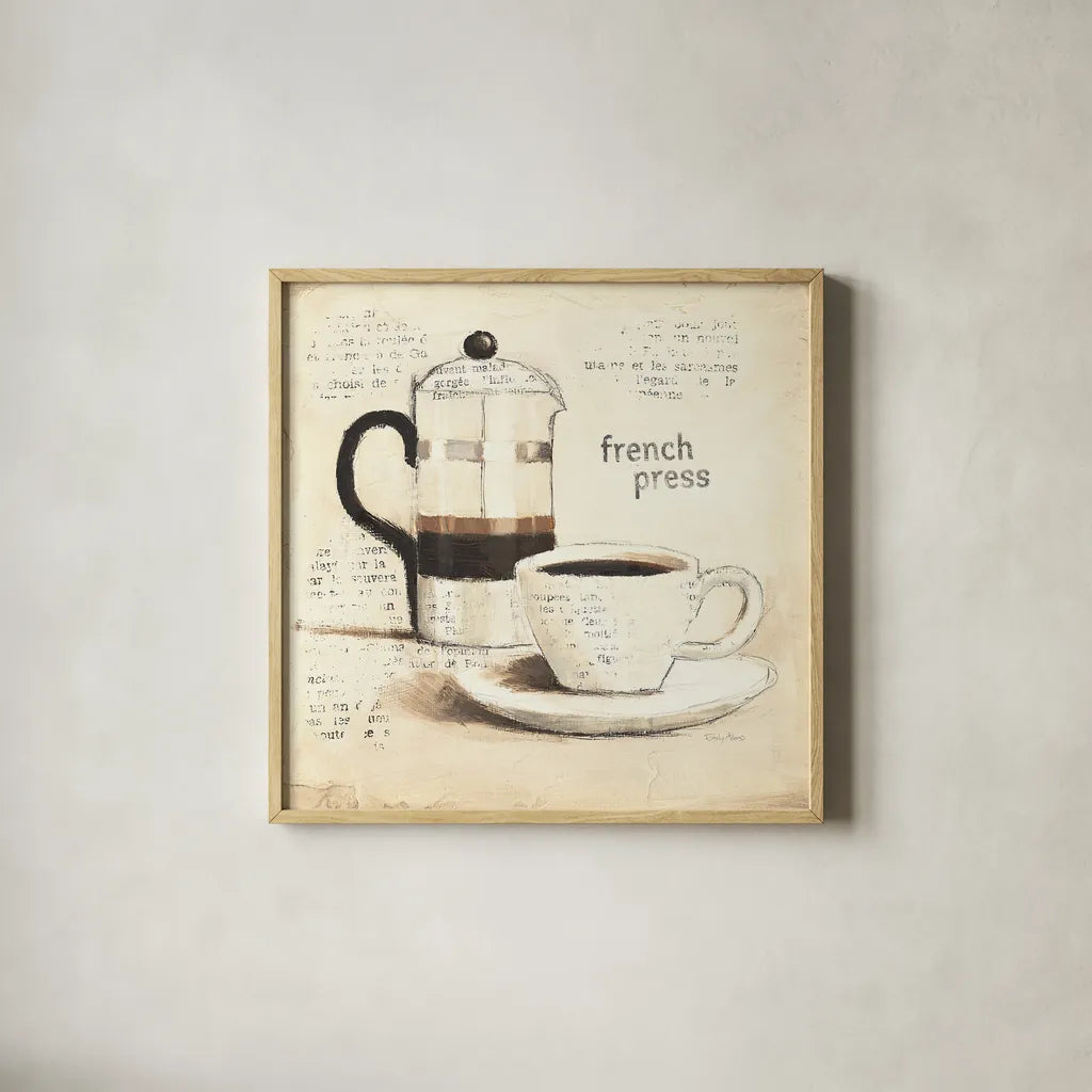 Parisian Coffee III by Emily Adams. Shown in a natural wood glass frame for a timeless modern aesthetic. Available as an archival giclee rolled canvas, fine art paper, or poster print. SKU 11257a.