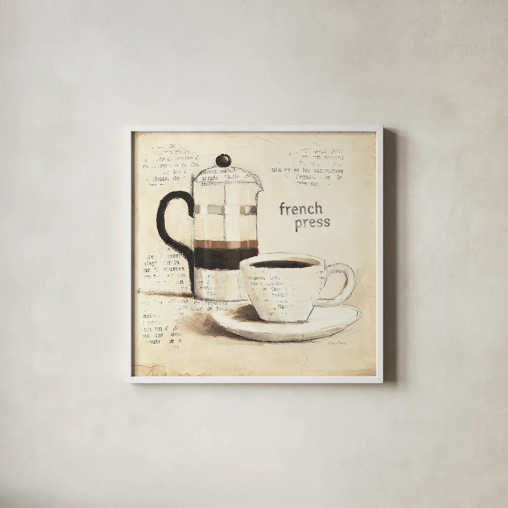 Parisian Coffee III by Emily Adams. Shown in a crisp white glass frame for a clean and minimalist style. Available as an archival giclee rolled canvas, fine art paper, or poster print. SKU 11257a.