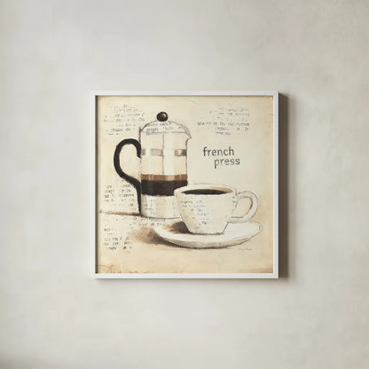 Parisian Coffee III by Emily Adams. Shown in a crisp white glass frame for a clean and minimalist style. Available as an archival giclee rolled canvas, fine art paper, or poster print. SKU 11257a.