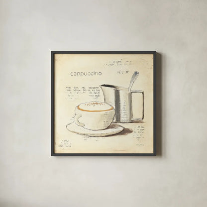 Parisian Coffee IV by Emily Adams. Shown in a sleek black glass frame for a contemporary gallery look. Available as an archival giclee rolled canvas, fine art paper, or poster print. SKU 11258a.