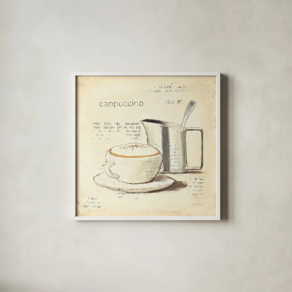 Parisian Coffee IV by Emily Adams. Shown in a crisp white glass frame for a clean and minimalist style. Available as an archival giclee rolled canvas, fine art paper, or poster print. SKU 11258a.