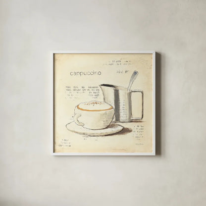 Parisian Coffee IV by Emily Adams. Shown in a crisp white glass frame for a clean and minimalist style. Available as an archival giclee rolled canvas, fine art paper, or poster print. SKU 11258a.