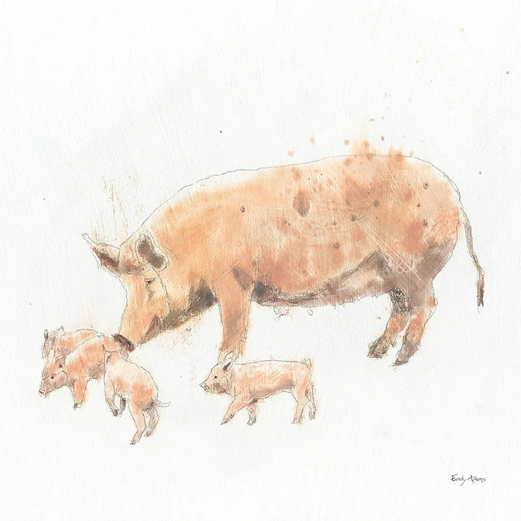Pig and Piglet by Emily Adams. SKU 23726a. Archival Giclee Fine art print for wall decor.