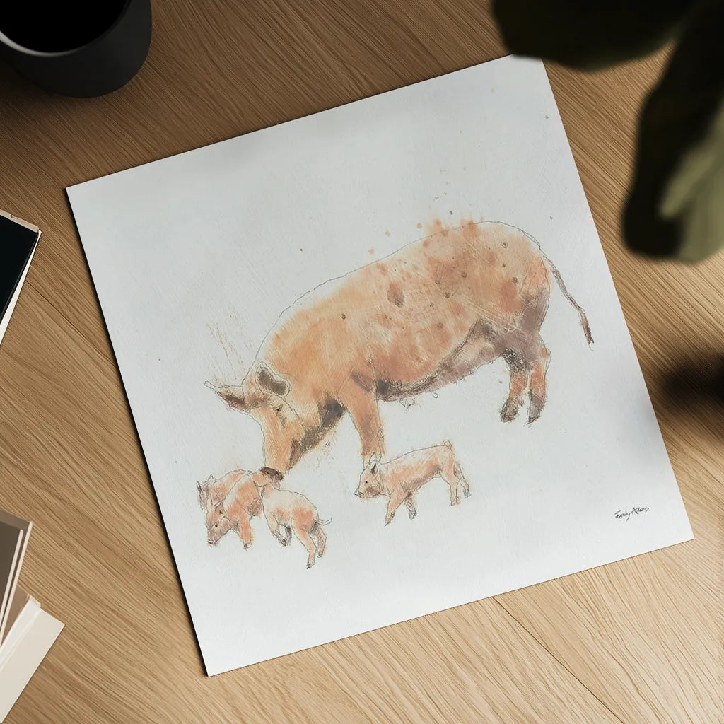 Pig and Piglet by Emily Adams. Shown as a detailed flat fine art print, highlighting archival giclee quality. Available as an archival giclee rolled canvas, fine art paper, or poster print. SKU 23726a.