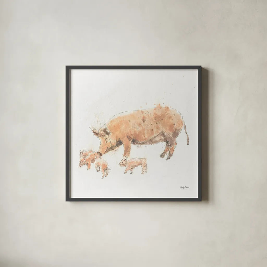 Pig and Piglet by Emily Adams. Shown in a sleek black glass frame for a contemporary gallery look. Available as an archival giclee rolled canvas, fine art paper, or poster print. SKU 23726a.