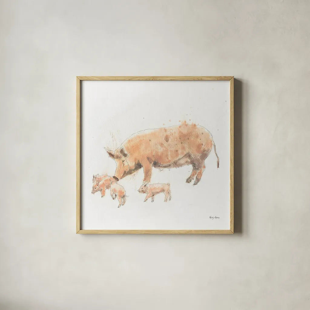 Pig and Piglet by Emily Adams. Shown in a natural wood glass frame for a timeless modern aesthetic. Available as an archival giclee rolled canvas, fine art paper, or poster print. SKU 23726a.