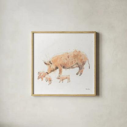Pig and Piglet by Emily Adams. Shown in a natural wood glass frame for a timeless modern aesthetic. Available as an archival giclee rolled canvas, fine art paper, or poster print. SKU 23726a.