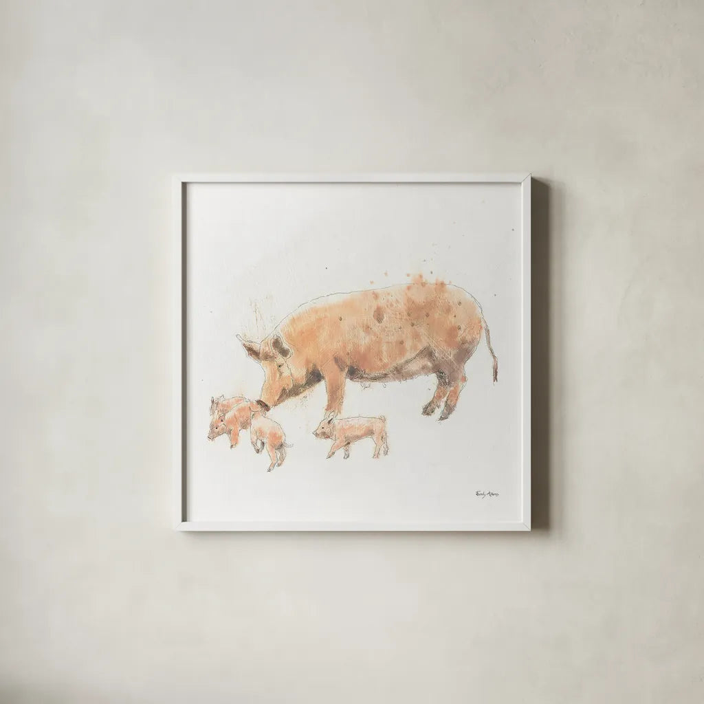 Pig and Piglet by Emily Adams. Shown in a crisp white glass frame for a clean and minimalist style. Available as an archival giclee rolled canvas, fine art paper, or poster print. SKU 23726a.