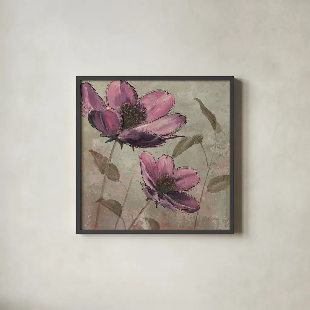 Plum Floral II by Emily Adams. Shown in a sleek black glass frame for a contemporary gallery look. Available as an archival giclee rolled canvas, fine art paper, or poster print. SKU 14990a.
