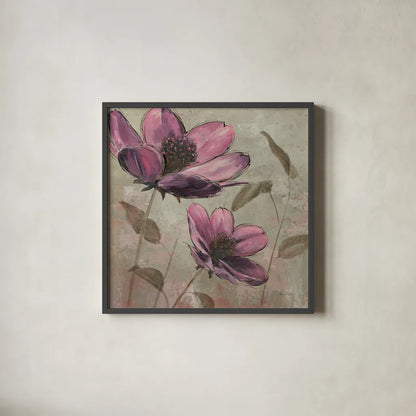 Plum Floral II by Emily Adams. Shown in a sleek black glass frame for a contemporary gallery look. Available as an archival giclee rolled canvas, fine art paper, or poster print. SKU 14990a.