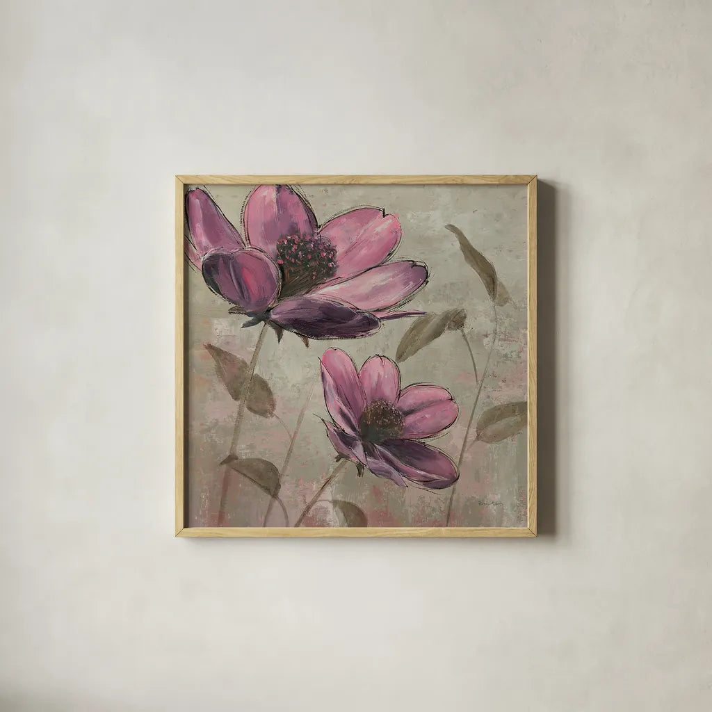 Plum Floral II by Emily Adams. Shown in a natural wood glass frame for a timeless modern aesthetic. Available as an archival giclee rolled canvas, fine art paper, or poster print. SKU 14990a.