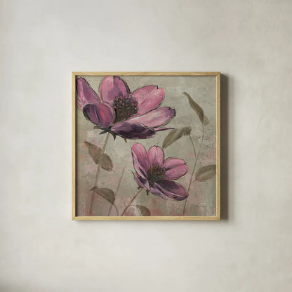 Plum Floral II by Emily Adams. Shown in a natural wood glass frame for a timeless modern aesthetic. Available as an archival giclee rolled canvas, fine art paper, or poster print. SKU 14990a.
