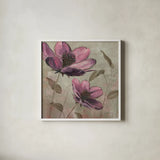 Plum Floral II by Emily Adams. Shown in a crisp white glass frame for a clean and minimalist style. Available as an archival giclee rolled canvas, fine art paper, or poster print. SKU 14990a.