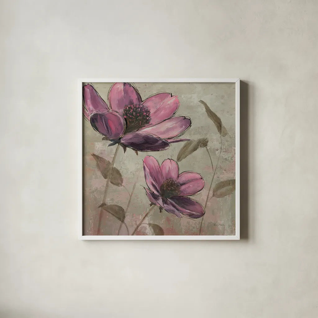 Plum Floral II by Emily Adams. Shown in a crisp white glass frame for a clean and minimalist style. Available as an archival giclee rolled canvas, fine art paper, or poster print. SKU 14990a.