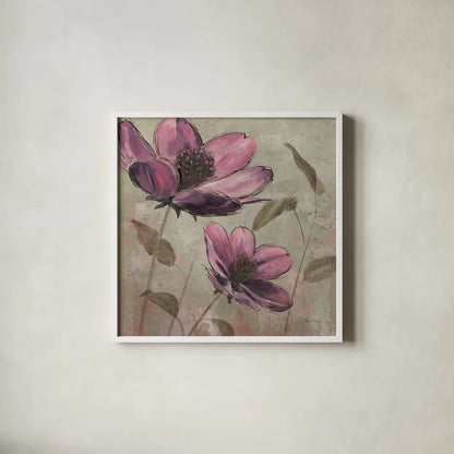 Plum Floral II by Emily Adams. Shown in a crisp white glass frame for a clean and minimalist style. Available as an archival giclee rolled canvas, fine art paper, or poster print. SKU 14990a.