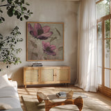 Plum Floral II by Emily Adams. Shown in a natural wood frame in a cozy modern living room. Available as an archival giclee rolled canvas, fine art paper, or poster print. SKU 14990a.