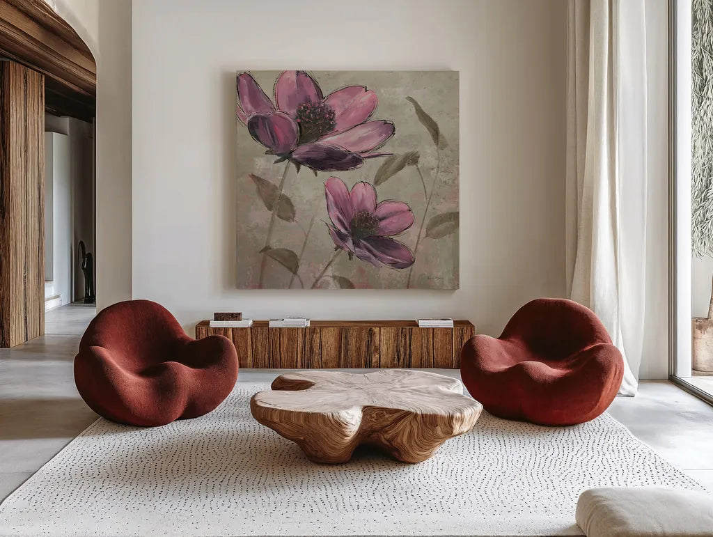 Plum Floral II by Emily Adams. Shown as extra-large giant wall art in a modern living room. Available as an archival giclee rolled canvas, fine art paper, or poster print. SKU 14990a.