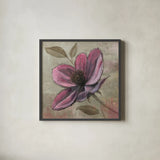 Plum Floral III by Emily Adams. Shown in a sleek black glass frame for a contemporary gallery look. Available as an archival giclee rolled canvas, fine art paper, or poster print. SKU 14991a.