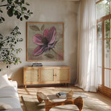 Plum Floral III by Emily Adams. Shown in a natural wood frame in a cozy modern living room. Available as an archival giclee rolled canvas, fine art paper, or poster print. SKU 14991a.