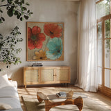 Rainbow III by Emily Adams. Shown in a natural wood frame in a cozy modern living room. Available as an archival giclee rolled canvas, fine art paper, or poster print. SKU 15194a.