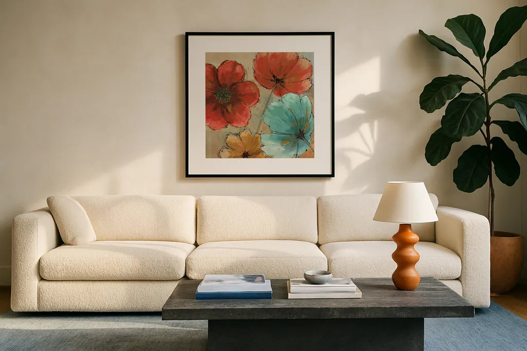 Rainbow III by Emily Adams. Displayed in a glass frame with matte in a clean modern living room. Available as an archival giclee rolled canvas, fine art paper, or poster print. SKU 15194a.