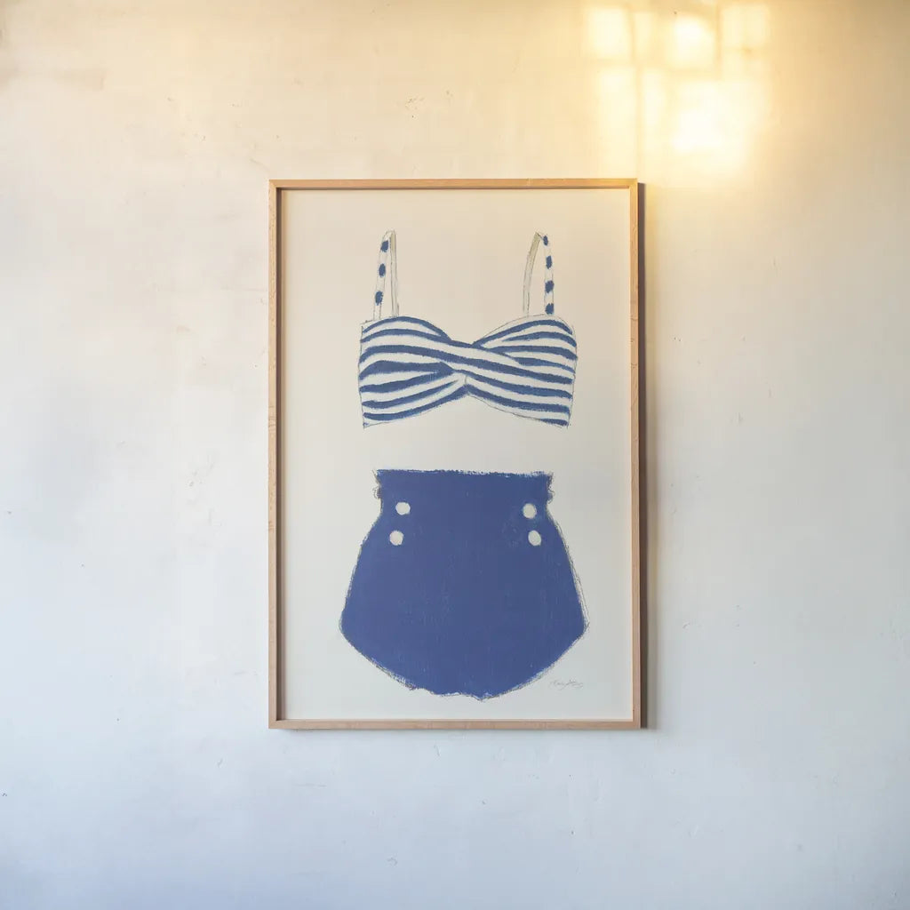Retro Swimwear II by Emily Adams. shown as a paper print in a natural frame. Available as a archival giclee rolled canvas, fine art paper, or poster print. SKU 69132h.
