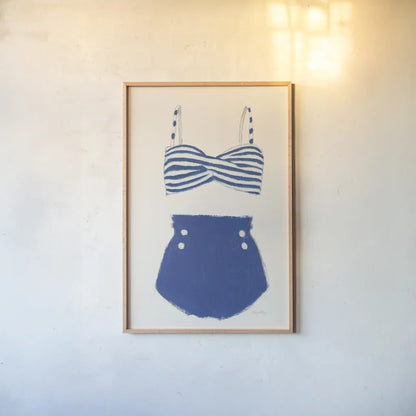 Retro Swimwear II by Emily Adams. shown as a paper print in a natural frame. Available as a archival giclee rolled canvas, fine art paper, or poster print. SKU 69132h.