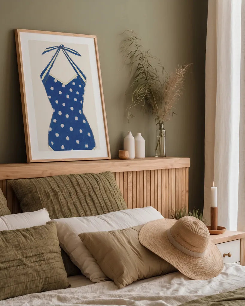 Retro Swimwear II Navy by Emily Adams. shown as a paper print in a natural frame. Available as a archival giclee rolled canvas, fine art paper, or poster print. SKU 69131h.