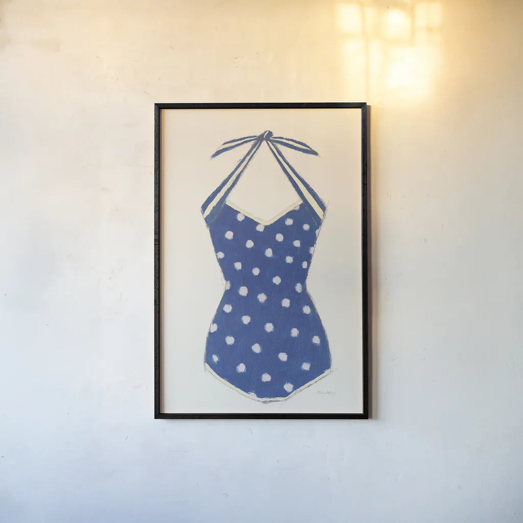 Retro Swimwear II Navy by Emily Adams. shown as a paper print in a black flame. Available as a archival giclee rolled canvas, fine art paper, or poster print. SKU 69131h.