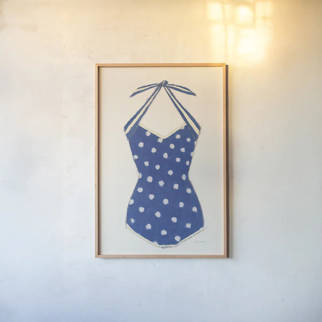 Retro Swimwear II Navy by Emily Adams. shown as a paper print in a natural frame. Available as a archival giclee rolled canvas, fine art paper, or poster print. SKU 69131h.