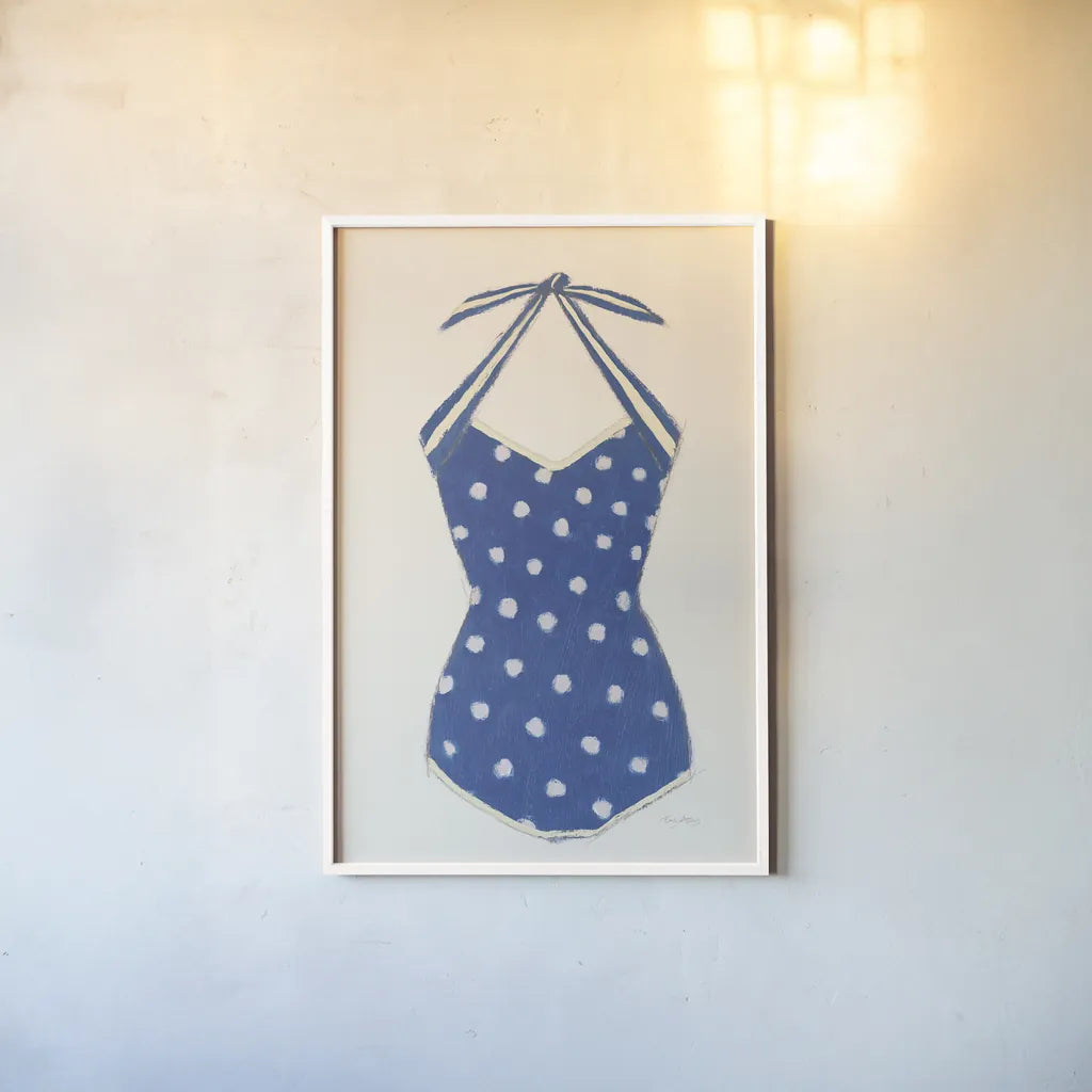 Retro Swimwear II Navy by Emily Adams. shown as a paper print in a white frame. Available as a archival giclee rolled canvas, fine art paper, or poster print. SKU 69131h.