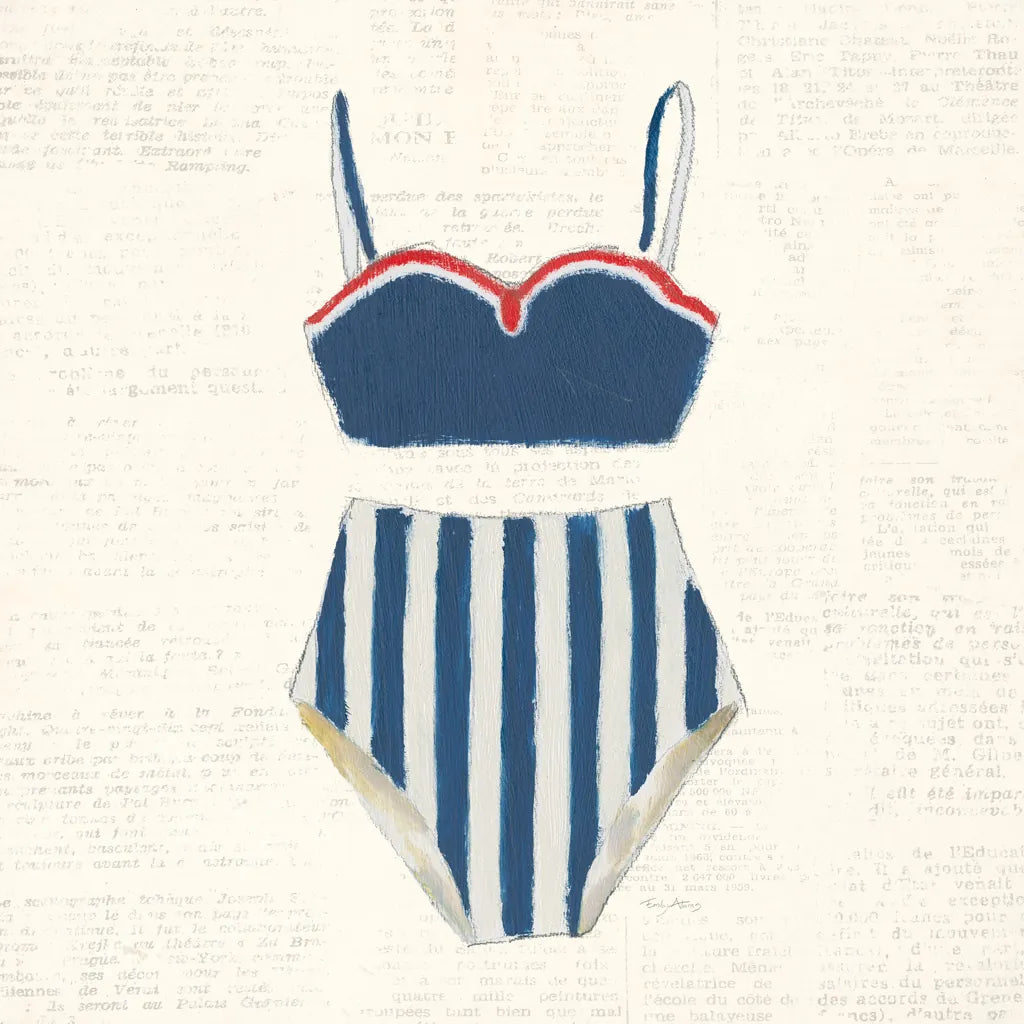 Retro Swimwear III Newsprint by Emily Adams. SKU 61347a. Archival Giclee Fine art print for wall decor.
