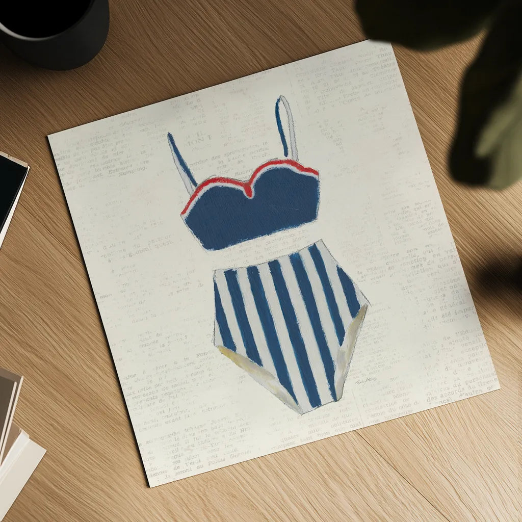 Retro Swimwear III Newsprint by Emily Adams. Shown as a detailed flat fine art print, highlighting archival giclee quality. Available as an archival giclee rolled canvas, fine art paper, or poster print. SKU 61347a.