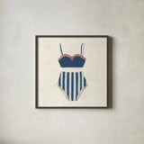 Retro Swimwear III Newsprint by Emily Adams. Shown in a sleek black glass frame for a contemporary gallery look. Available as an archival giclee rolled canvas, fine art paper, or poster print. SKU 61347a.