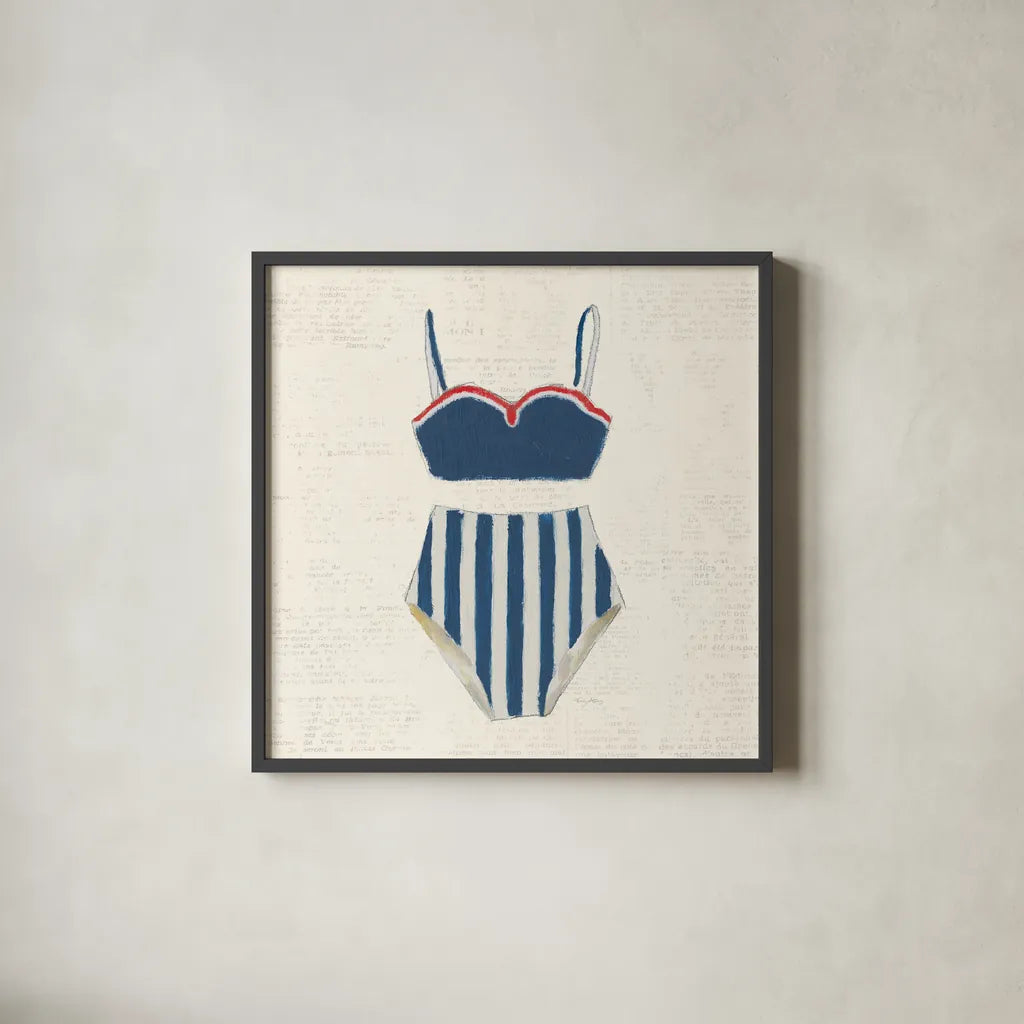 Retro Swimwear III Newsprint by Emily Adams. Shown in a sleek black glass frame for a contemporary gallery look. Available as an archival giclee rolled canvas, fine art paper, or poster print. SKU 61347a.