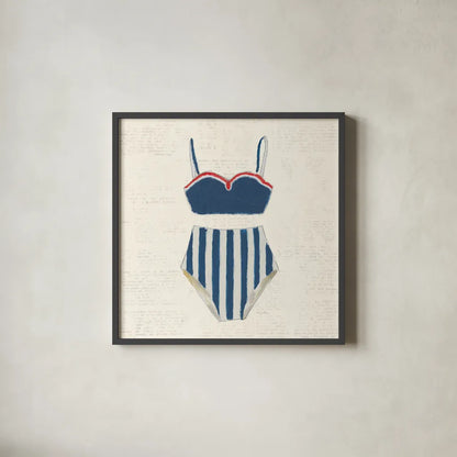 Retro Swimwear III Newsprint by Emily Adams. Shown in a sleek black glass frame for a contemporary gallery look. Available as an archival giclee rolled canvas, fine art paper, or poster print. SKU 61347a.