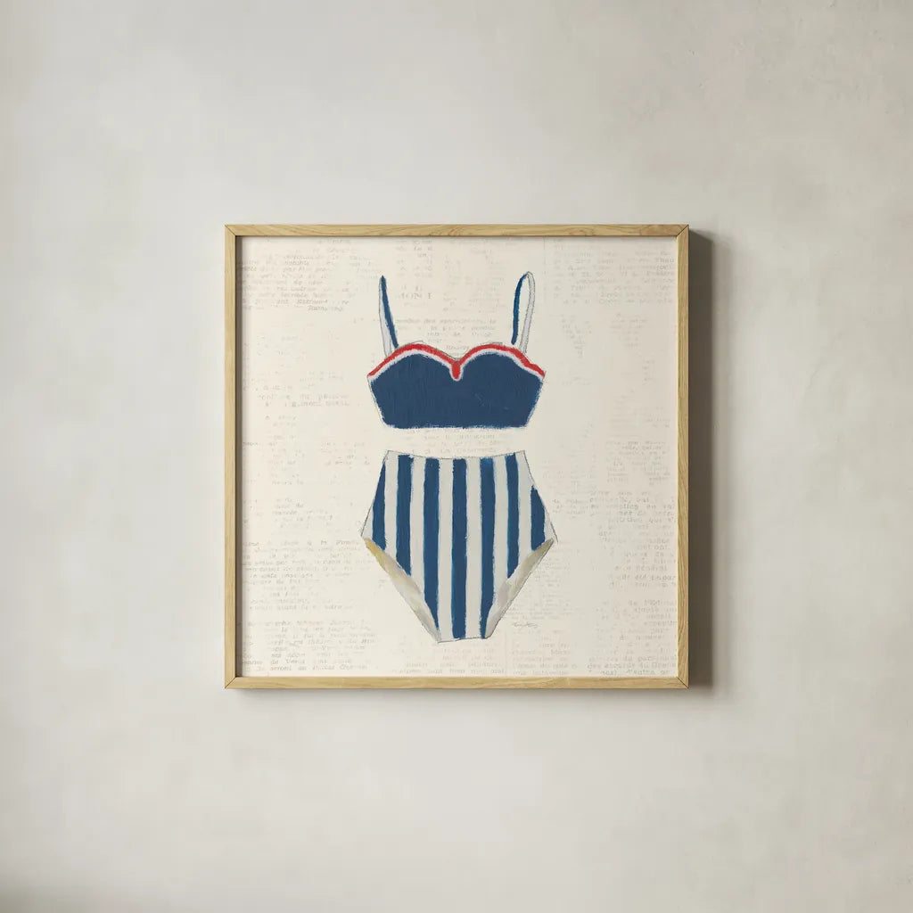 Retro Swimwear III Newsprint by Emily Adams. Shown in a natural wood glass frame for a timeless modern aesthetic. Available as an archival giclee rolled canvas, fine art paper, or poster print. SKU 61347a.