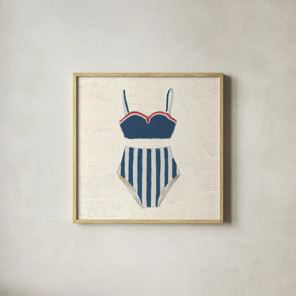 Retro Swimwear III Newsprint by Emily Adams. Shown in a natural wood glass frame for a timeless modern aesthetic. Available as an archival giclee rolled canvas, fine art paper, or poster print. SKU 61347a.
