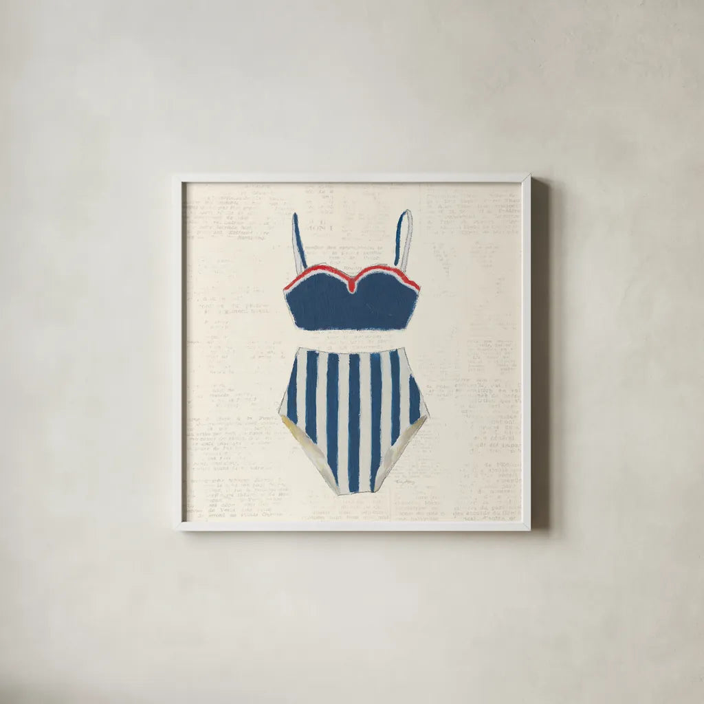 Retro Swimwear III Newsprint by Emily Adams. Shown in a crisp white glass frame for a clean and minimalist style. Available as an archival giclee rolled canvas, fine art paper, or poster print. SKU 61347a.