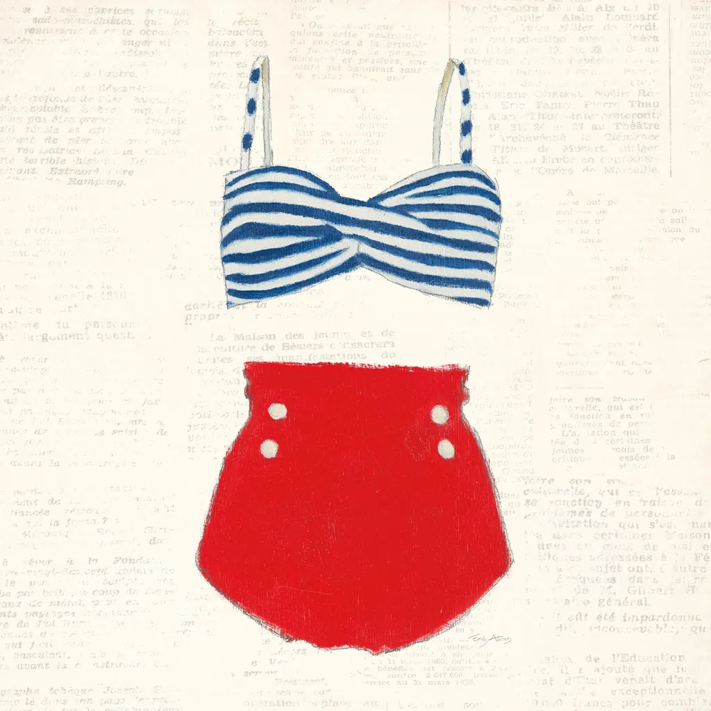 Retro Swimwear IV Newsprint by Emily Adams. SKU 61348a. Archival Giclee Fine art print for wall decor.