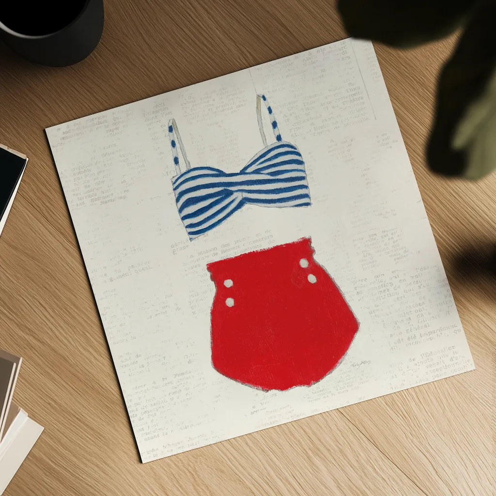 Retro Swimwear IV Newsprint by Emily Adams. Shown as a detailed flat fine art print, highlighting archival giclee quality. Available as an archival giclee rolled canvas, fine art paper, or poster print. SKU 61348a.