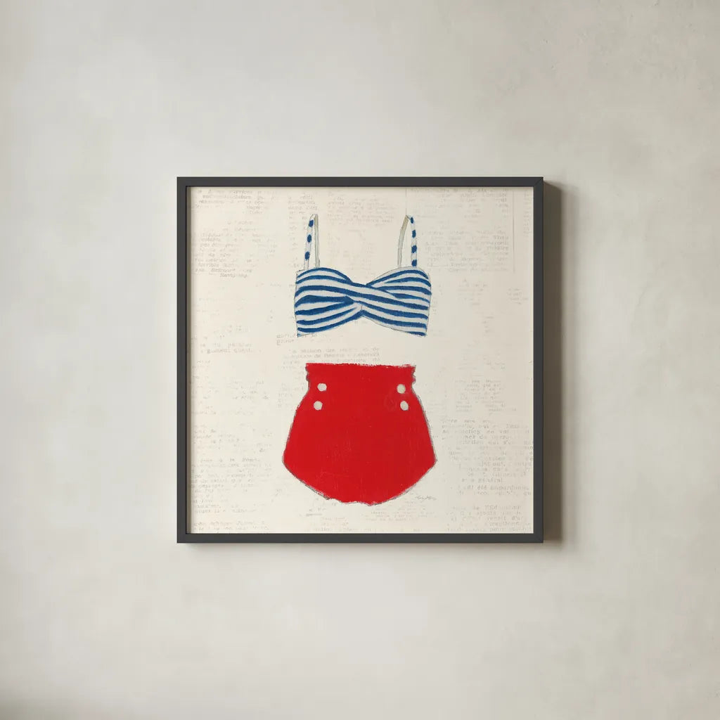 Retro Swimwear IV Newsprint by Emily Adams. Shown in a sleek black glass frame for a contemporary gallery look. Available as an archival giclee rolled canvas, fine art paper, or poster print. SKU 61348a.